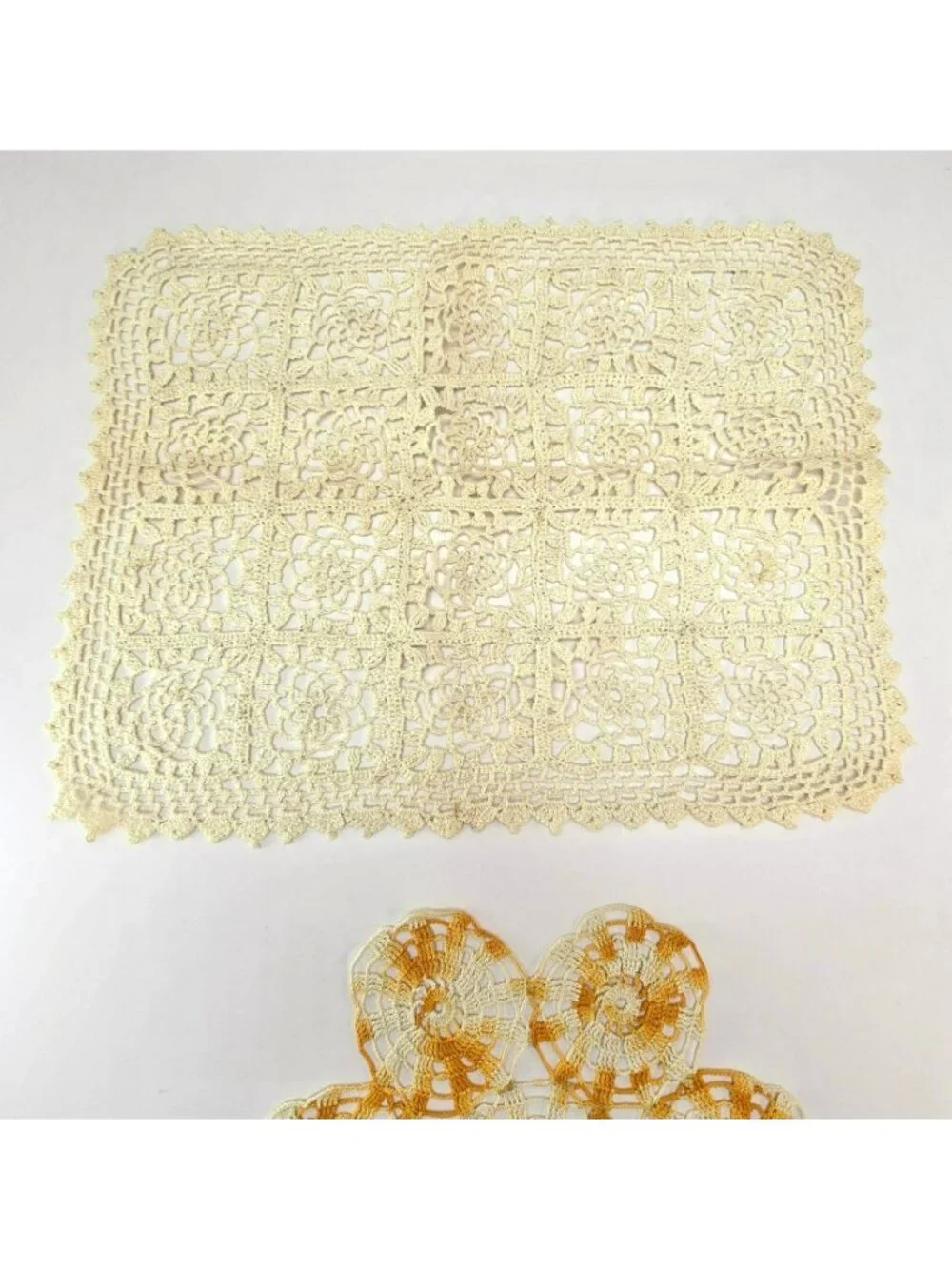 Handmade Vintage Crochet Lace Doily Set Rectangular & Floral Cream Orange CM2287